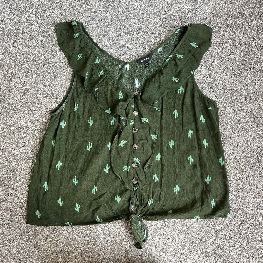Express Green Cactus Button Up Ruffle Sleeveless Top,‎ Size Large